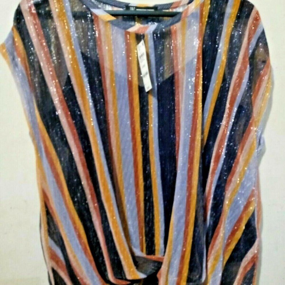 INC Women's Navy Sheer Glitter Striped Short Sleeve Top Size: L